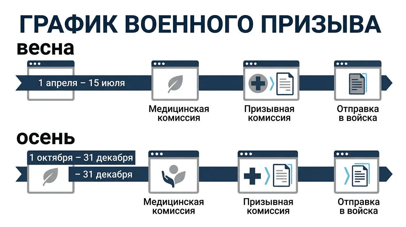 Инфографика сроков призыва и отправки в 2026 году: весна и осень