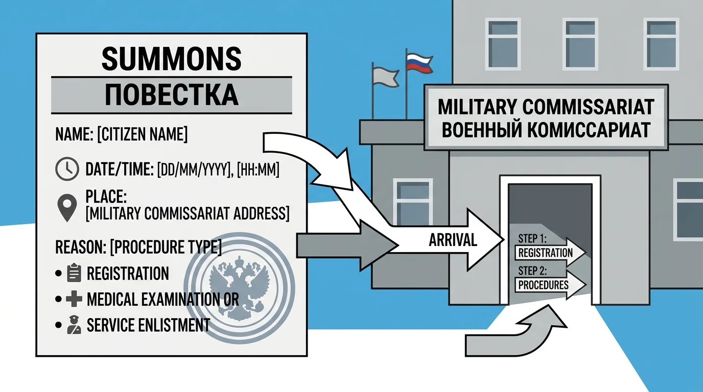 Схематичная иллюстрация повестки и входа в военный комиссариат без реальных людей