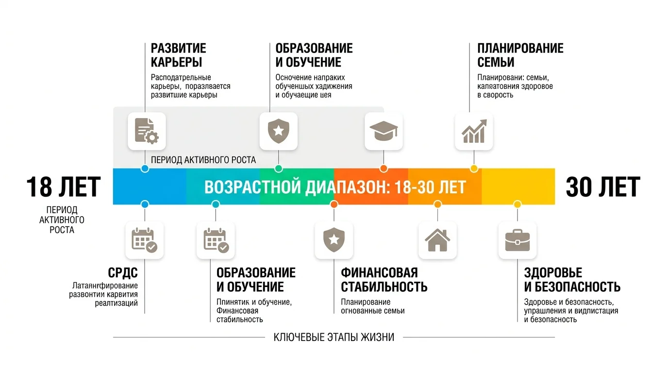 Инфографика с возрастной шкалой 18–30 лет и нейтральными иконками без людей
