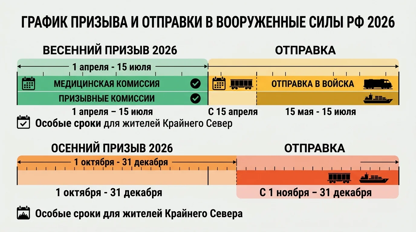 Инфографика с таблицей сроков призыва и отправки в 2026 году: две сезонные шкалы с отмеченными датами весной и осенью
